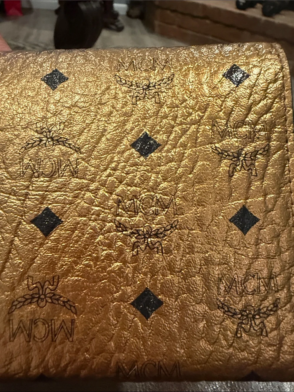 MCM Metallic Gold Logo Fold Wallet